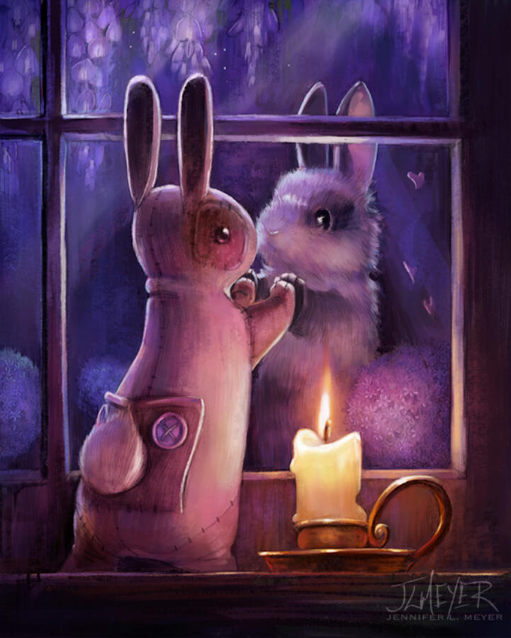 Illustration of a stuffed bunny seeing a real bunny reminds people of the velveteen rabbit