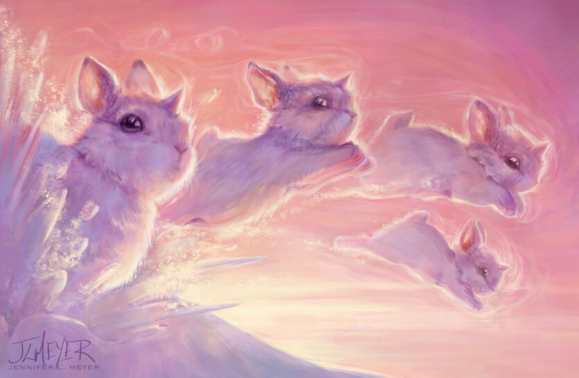 Art of Unicorn Bunnies running in the snow amid pinks and yellow