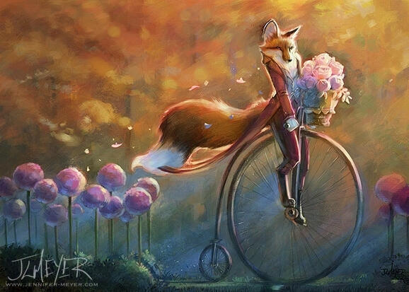 Wedding Commission Artwork of the beautiful fox on a warm autumn with flowers on a bike